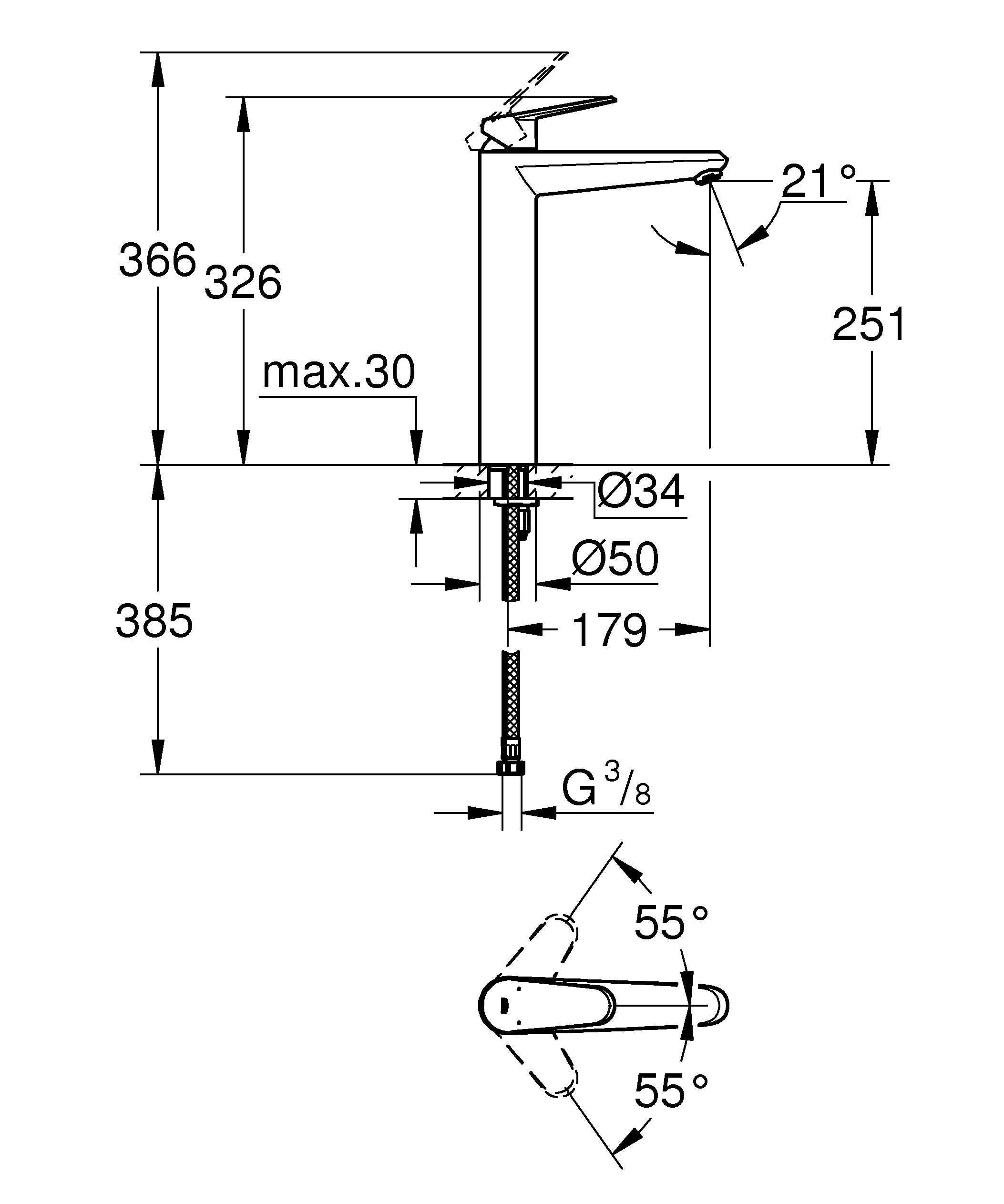 Einhand-Waschtischbatterie Eurodisc Cosmopolitan 23432, XL-Size, Einlochmontage, für freistehende Waschschüsseln, glatter Körper, chrom