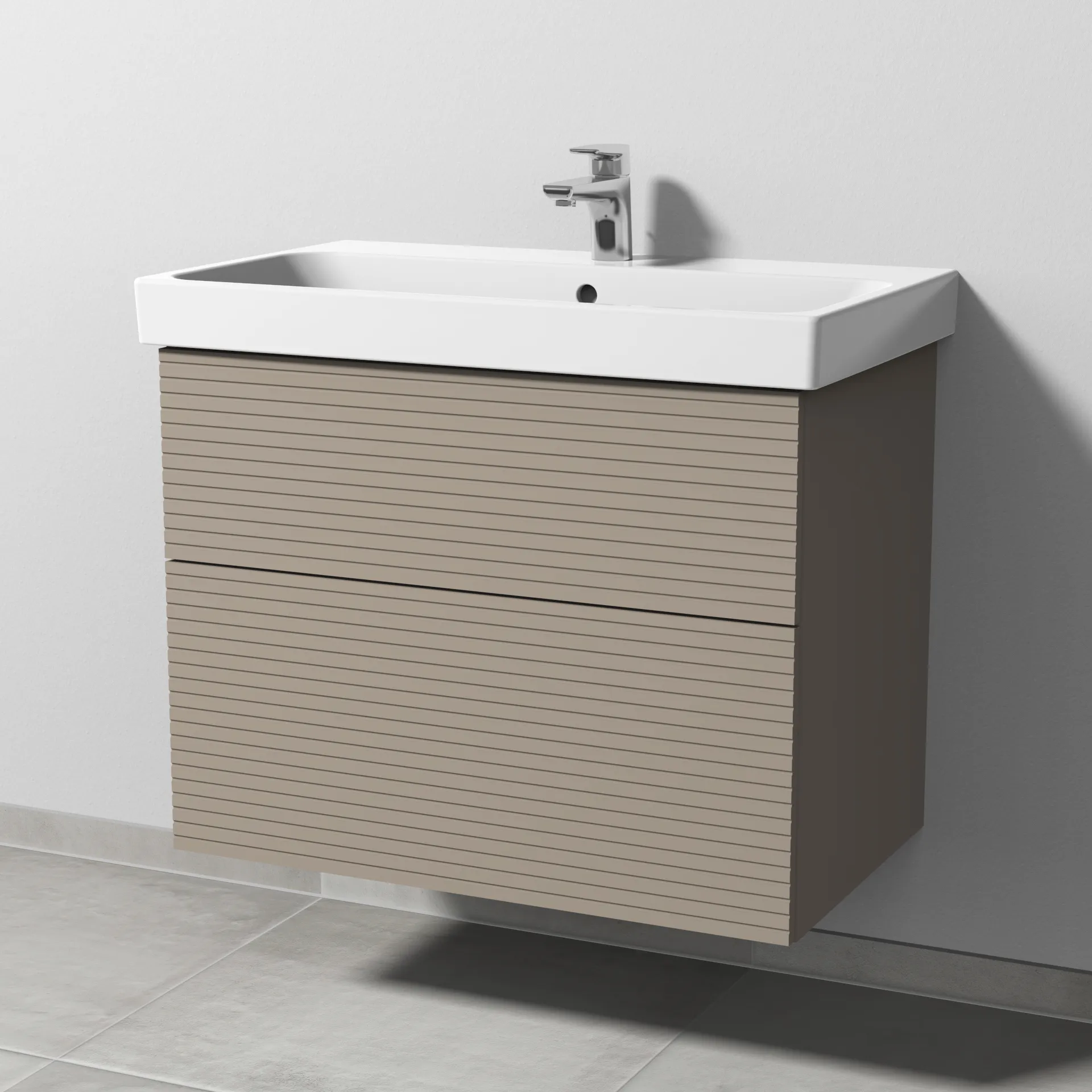 Sanipa Waschtischunterschrank „3way“ Struktur 750 × 588 × 453 mm in Sandgrau (matt), mit Hahnlochbohrung, Becken mittig