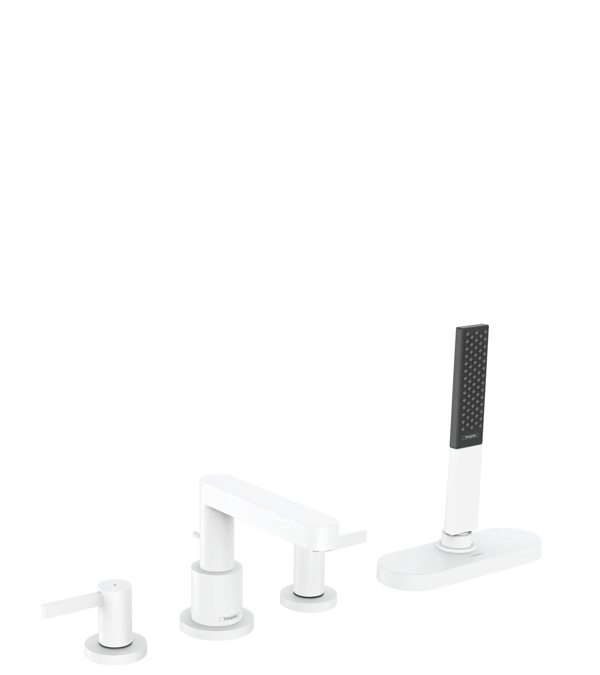 Hansgrohe Finoris 4-Loch Wannenrandarmatur, Mattweiß, Ausladung 152 mm, PowderRain-Handbrause, max. Durchfluss 23,5 l/min