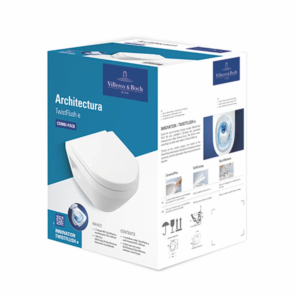 Wand-Tiefspül-WC Combi-Pack TwistFlush „Architectura“ 35 × 35,5 × 48 cm in Weiß Alpin, Befestigung sichtbar, ohne Spülrand