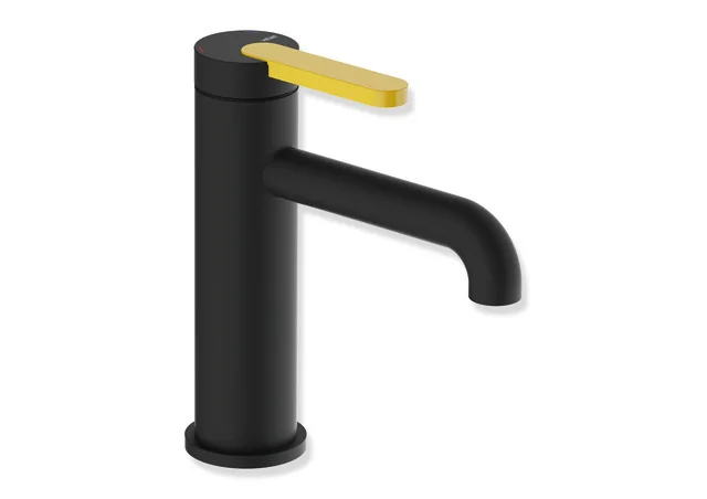 HEWI Einhebel-Waschtischmischer AQ477, System-Armaturen, pulverbeschichtet in Schwarz tiefmatt mit farbigem Griffelement Senfgelb, Höhe 172 mm, Ausladung 130 mm, Durchfluss 5 l/min, Keramikkartusche K-35OP, druckfest bis 35 bar, Geräuscharme Klasse 1
