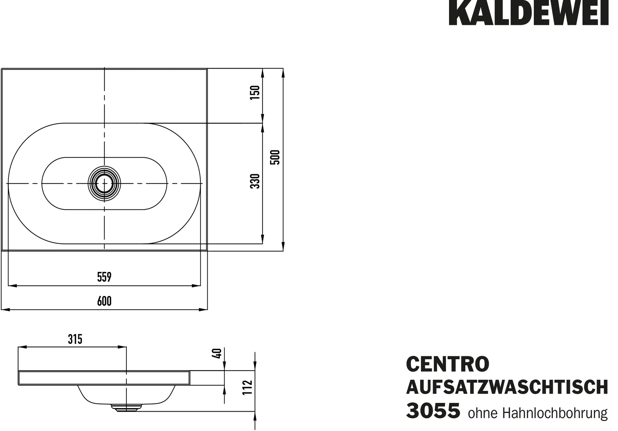 Kaldewei CENTRO Aufsatzwaschtisch, alpinweiß, Perl-Effekt, Antidröhn, 600 x 500 mm, Randhöhe 40 mm