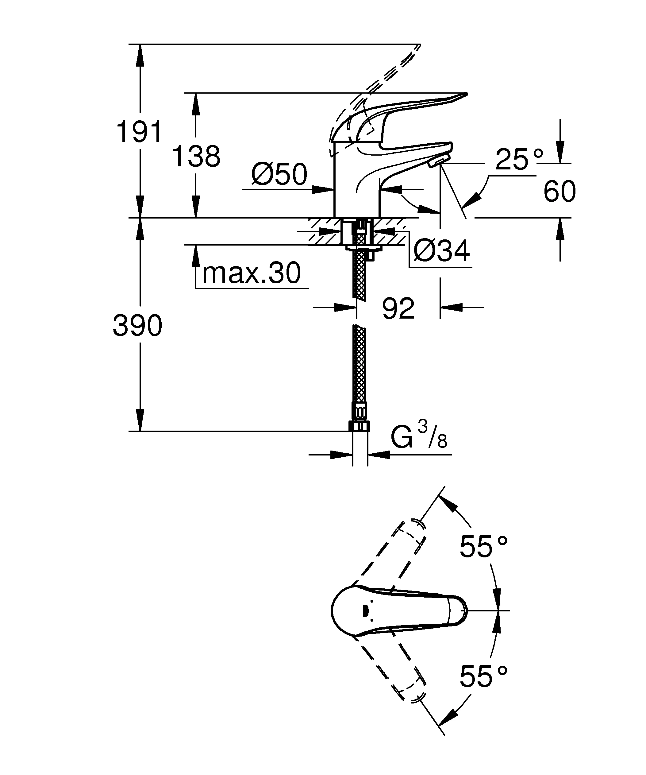 Einhand-Waschtischbatterie Euroeco Special 32762, Einlochmontage, glatter Körper, 35 mm Keramikkartusche, Hebellänge 120 mm, chrom