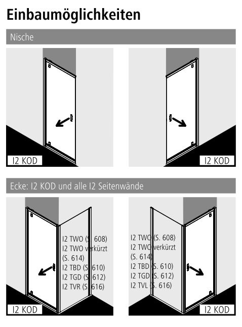 Kermi Duschtür Schwingtür mit versetztem Drehpunkt für Nische und Ecke „IBIZA 2000“ 175 cm Glas Klar, Profile Silber Mattglanz, Anschlag links und rechts, Drehtür einteilig