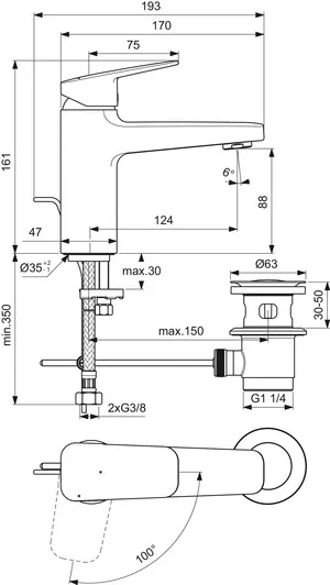 Waschtischarmatur Ceraplan H90 mit Ablaufgarnitur Ausladung 124mm BlueStart Chrom