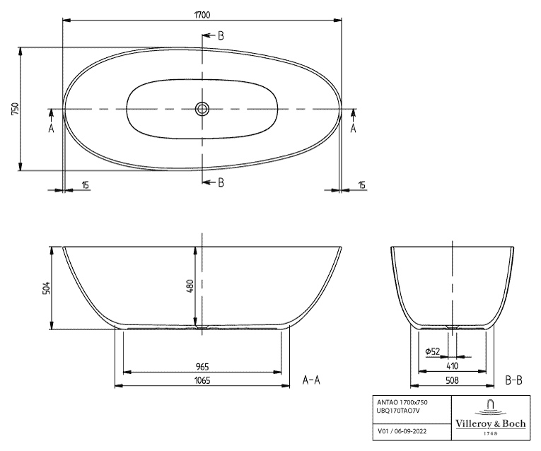 Villeroy & Boch Badewanne „Antao“ freistehend oval 170 × 75 cm 