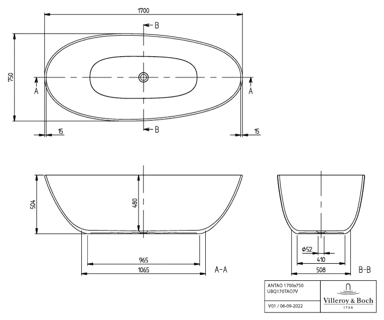 Villeroy & Boch Badewanne „Antao“ freistehend oval 170 × 75 cm