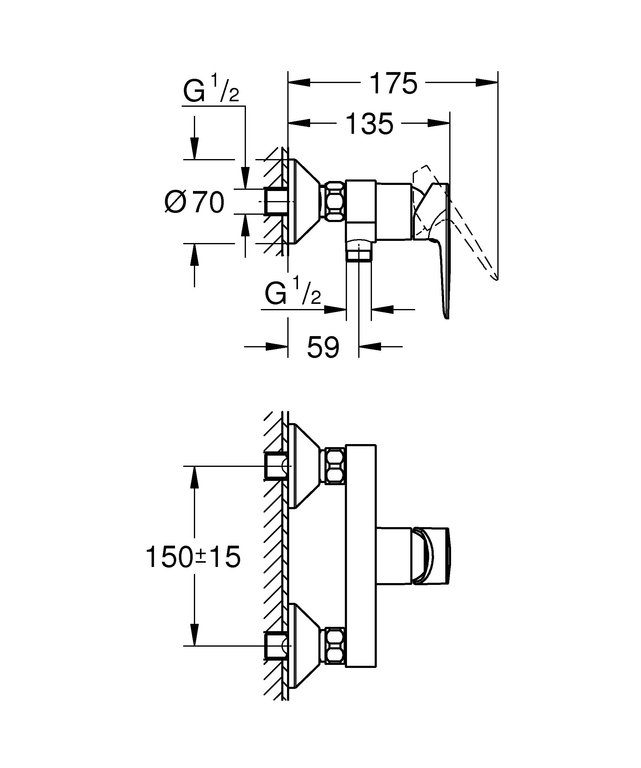 Einhand-Brausebatterie BauEdge 23635_1, Wandmontage, mit Temperaturbegrenzer, S-Anschlüsse, eigensicher, chrom