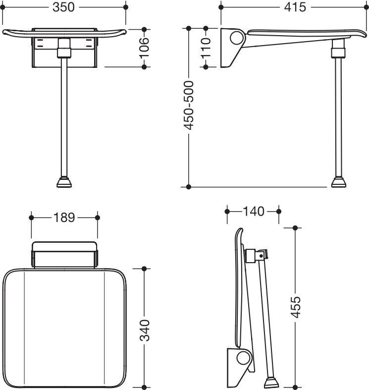 Klappsitz, System 900, Wandkonsole aus Edst., PVD, Sitzfläche aus strukturiertem Kst., schwarz, Sitzf.: B:350 mm, T: 340 mm, mit Bodenstütze für Sitzhöhe 450-500 mm, PVD, in Farbe CK (messing glänzend)