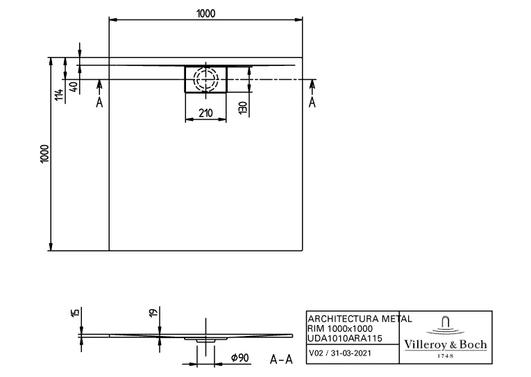 Villeroy & Boch quadrat Duschwanne „Architectura MetalRim“ 100 × 100 cm