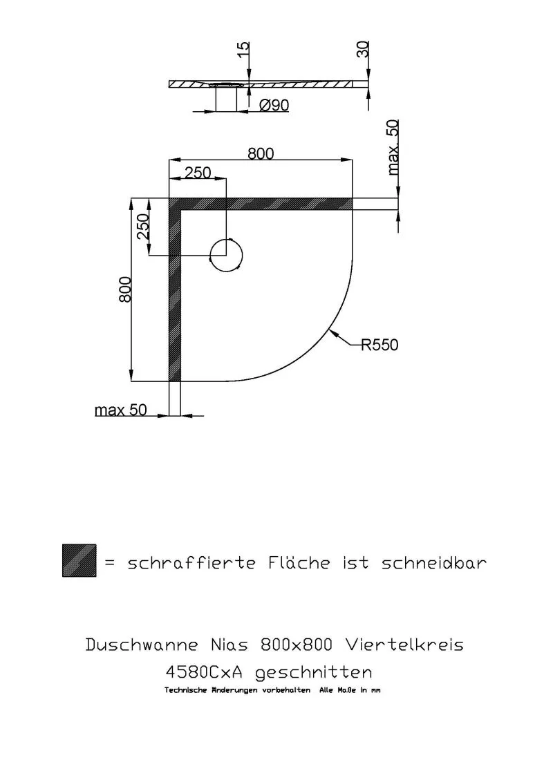 Hoesch viertelkreis Duschwanne geschnitten „Nias“ mit strukturierter Oberfläche 80 × 80 cm in Schwarz Matt