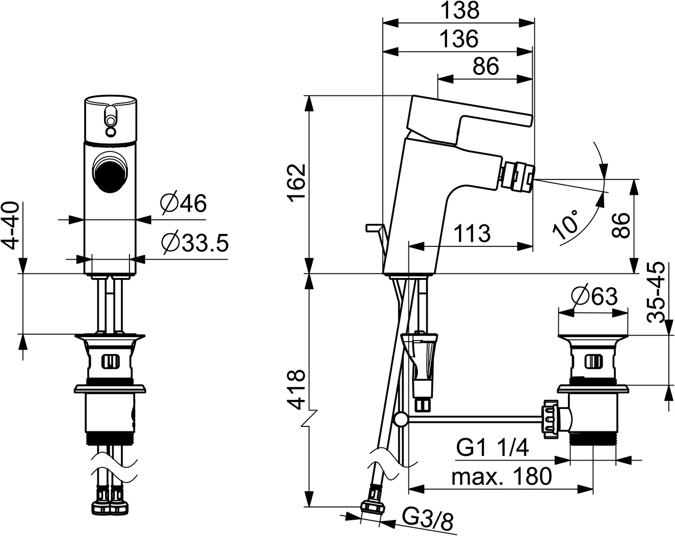 HansaVANTIS Bidetarmatur Hansavantis 2022 EHM Bidetbatterie 5243 Ablaufgarnitur Chrom