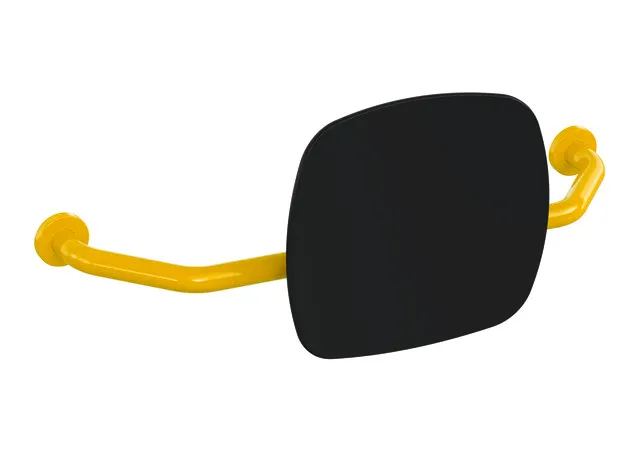 Rückenstütze, Polyamid, hochglänzend, Lehne aus Kunststoff in Farbe 90 (Tiefschwarz), Breite 650 bis 750 mm, Tiefe 230 mm, Lehne 334 mm hoch und 370 mm breit, Stangendurchmesser 33 mm, Montage an der Wand mit Rosetten, in Farbe 99 (Reinweiß)