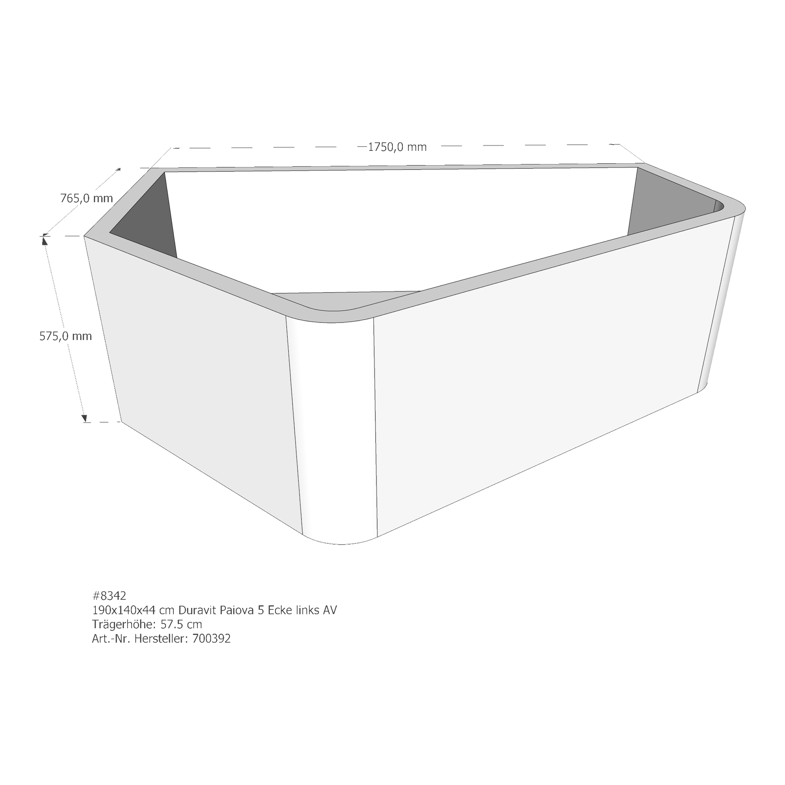 Badewannenträger für Duravit Paiova 5 Ecke links 190 × 140 × 44 cm