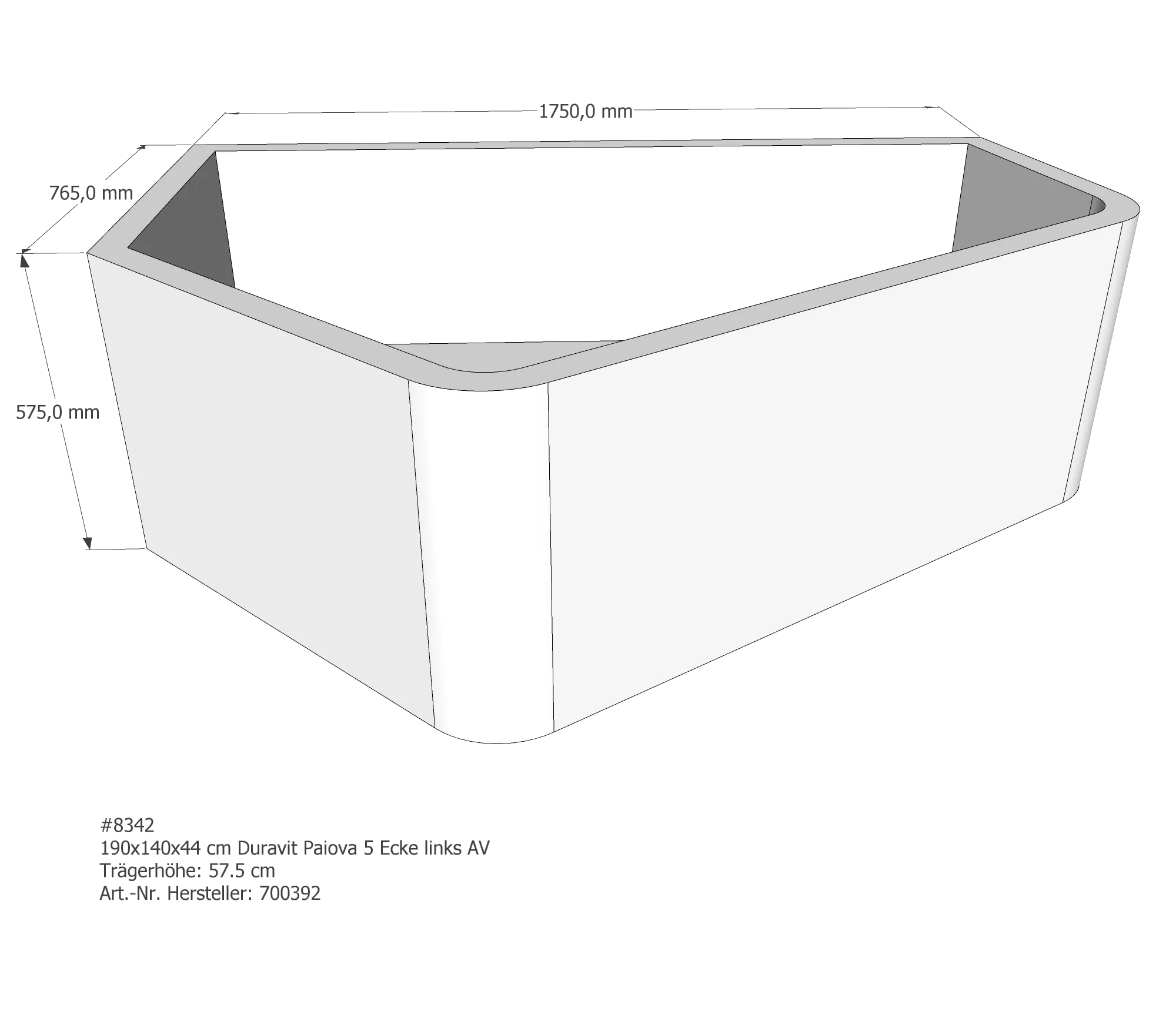 Badewannenträger für Duravit Paiova 5 Ecke links 190 × 140 × 44 cm Badewannenträger für Duravit Paiova 5 Ecke links 190 × 140 × 44 cm