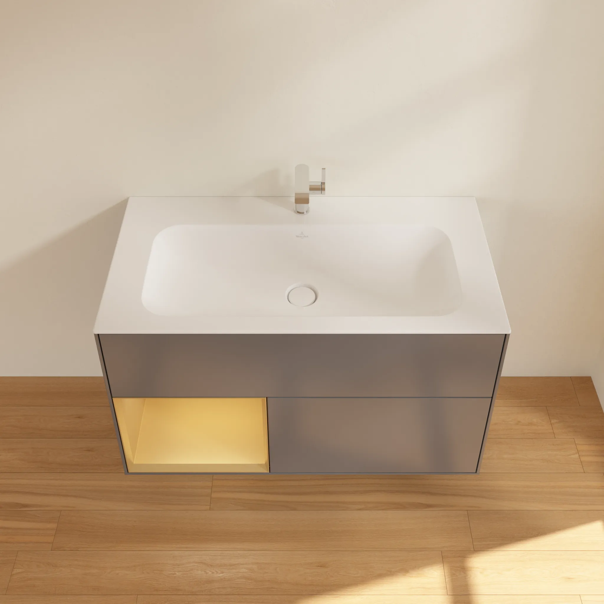 Villeroy & Boch Waschbeckenunterschrank Finion F03, Anthracite Matt Lacquer mit Gold Regal, 996x591x498 mm, mit Beleuchtung und Push-to-open Funktion