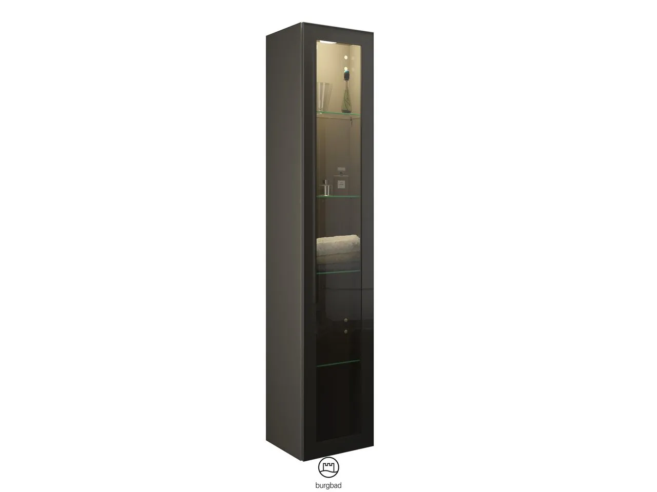 Hochschrank, 1 Alurahmentür mit Rauchglaseinsatz in Bronze;4 Glaseinlegeböden;LED-Innenbeleuchtung, 5 W, 4000 K;Energieeffizienzklasse F;für Raumschaltung;IP20, Tiefe: 320 mm, Breite: 350 mm, Höhe: 1760 mm