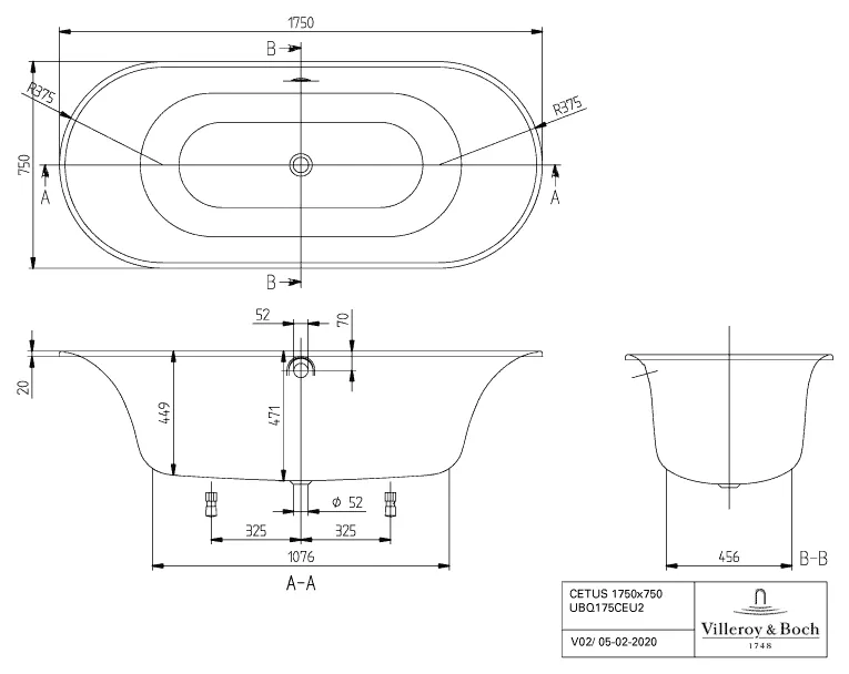 Villeroy & Boch Badewanne „Cetus“ oval 175 × 75 cm, Mittelablauf