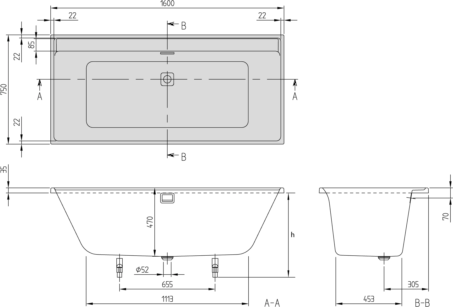 Villeroy & Boch Collaro Badewanne UBA160COR2DV, Rechteck, Weiß Alpin, 1600x750mm