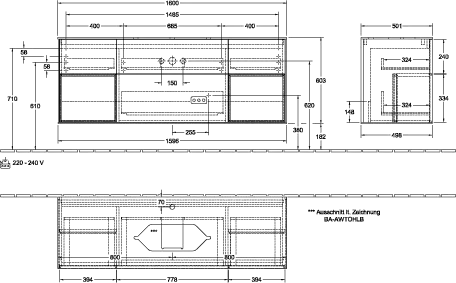 Villeroy & Boch Waschtischunterschrank „Finion“ für Schrankwaschtisch 160 × 60,3 × 50,1 cm 4 Schubladen, für Waschtischposition mittig, inkl. Beleuchtung mittig