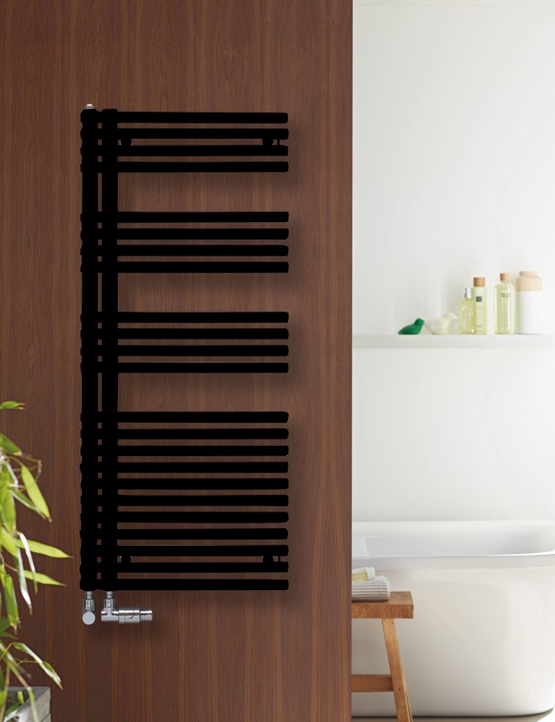 Zehnder Design-Handtuchwärmer „Forma Asym“ 49,6 × 144,1 cm in Traffic Black (RAL 9017) Zehnder Design-Handtuchwärmer „Forma Asym“ 49,6 × 144,1 cm in Traffic Black (RAL 9017)