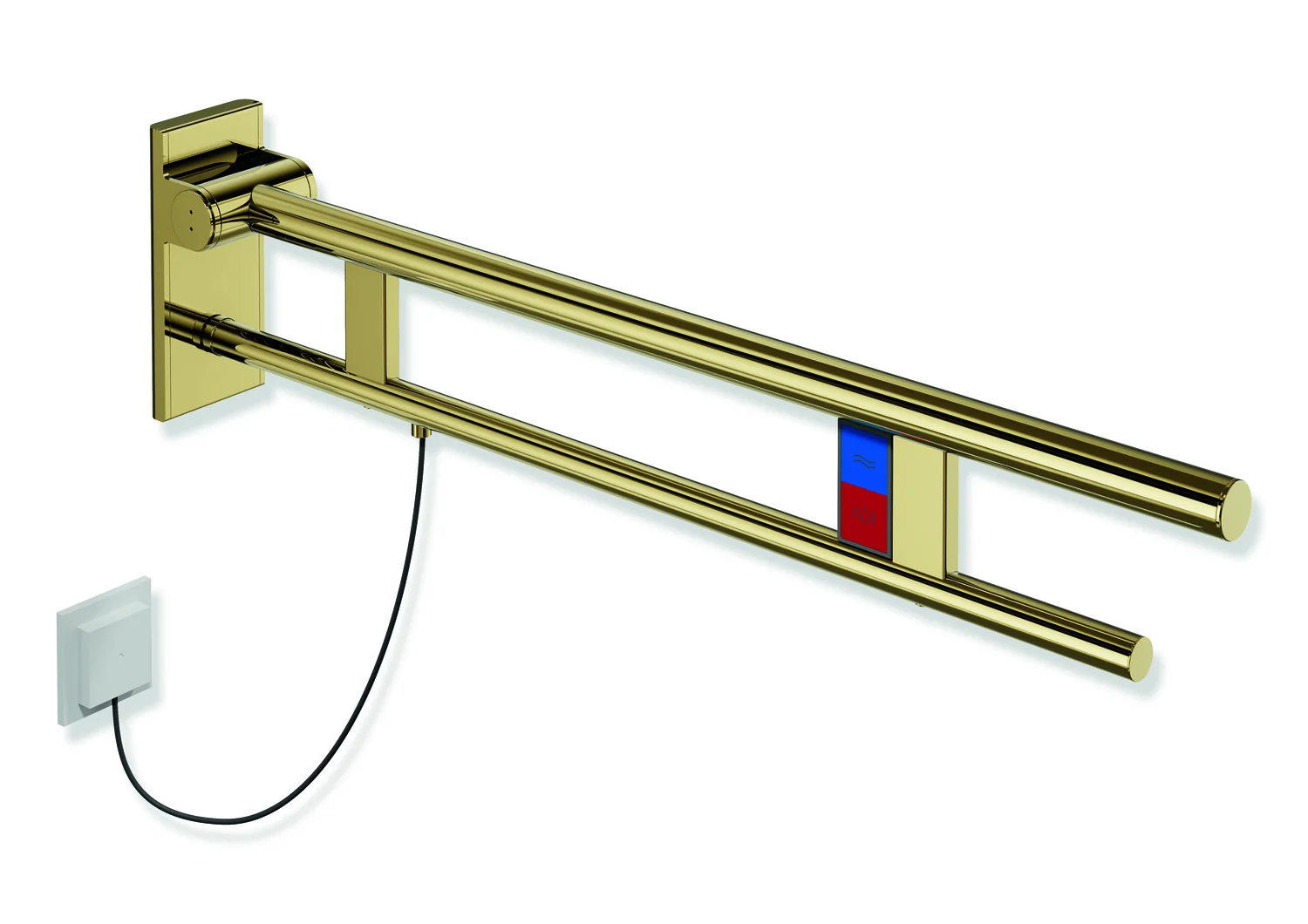HEWI Stützklappgriff Duo System 900, Design A, Edelstahl PVD gold glänzend, Ausladung 850 mm, links, mit Spül-/Funktionstasten E-Ausführung