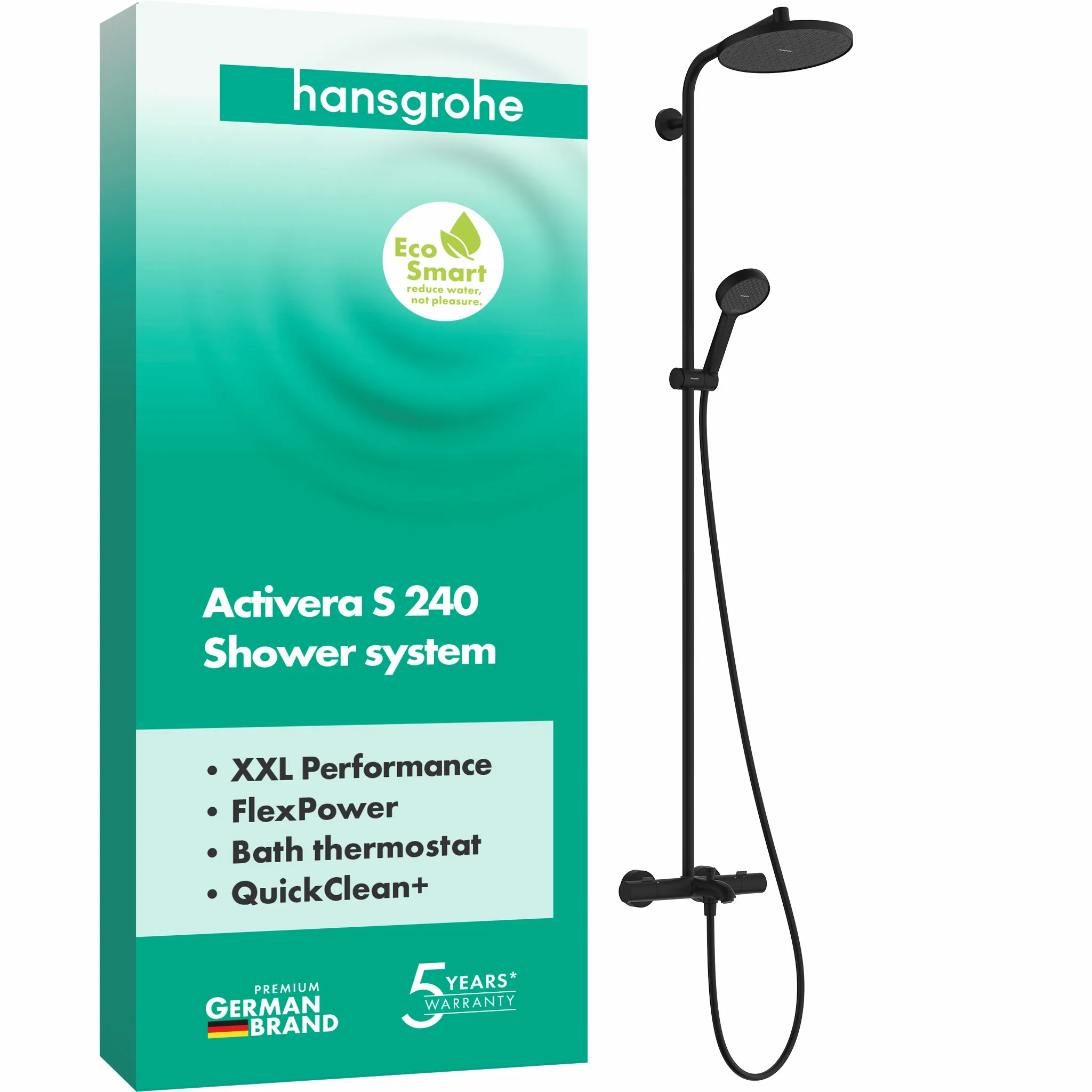 Hansgrohe Activera S Showerpipe 240 1jet EcoSmart mit Wannenthermostat Ecostat Fine MSW, mattschwarz, 344 mm Brausearmlänge, 8 l/min Durchfluss Hansgrohe Activera S Showerpipe 240 1jet EcoSmart mit Wannenthermostat Ecostat Fine MSW, mattschwarz, 344 mm Brausearmlänge, 8 l/min Durchfluss
