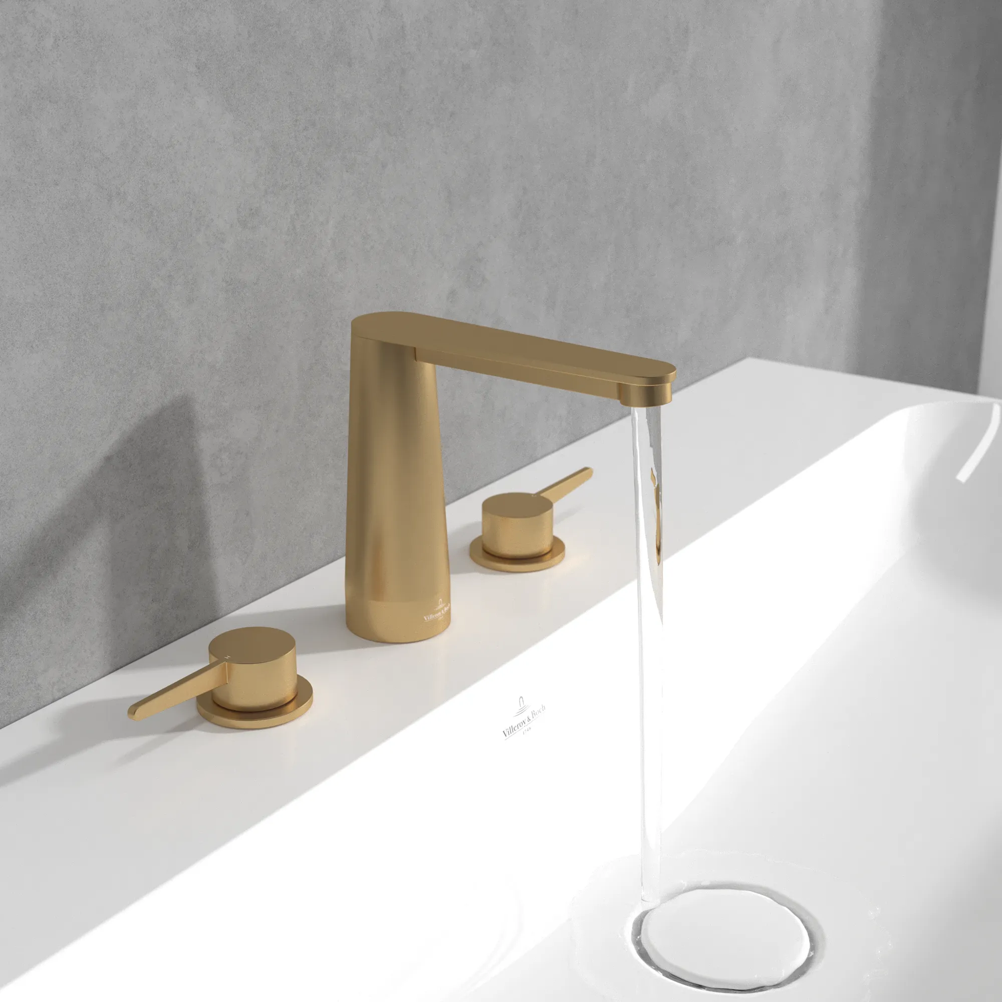 Villeroy & Boch Conum Dreiloch-Waschtischarmatur, Brushed Gold, 440 x 165 x 144 mm, Keramikkartusche, Laminarstrahl, SmartPressure Villeroy & Boch Conum Dreiloch-Waschtischarmatur, Brushed Gold, 440 x 165 x 144 mm, Keramikkartusche, Laminarstrahl, SmartPressure