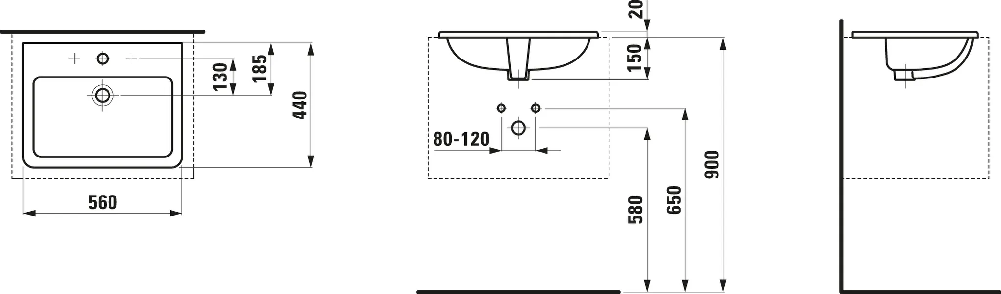 Einbauwaschtisch von oben PRO S 440x560x170 1 Hahnloch mit Überlauf weiß