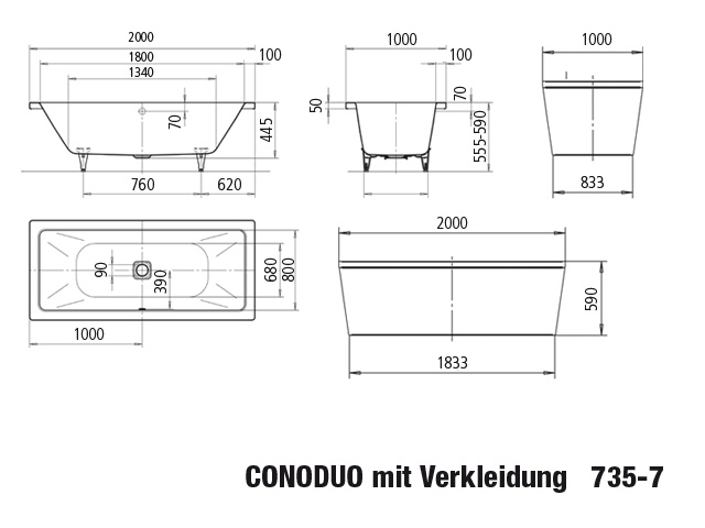 CONODUO Badewanne, 735 2000x1000mm alpinweiß,