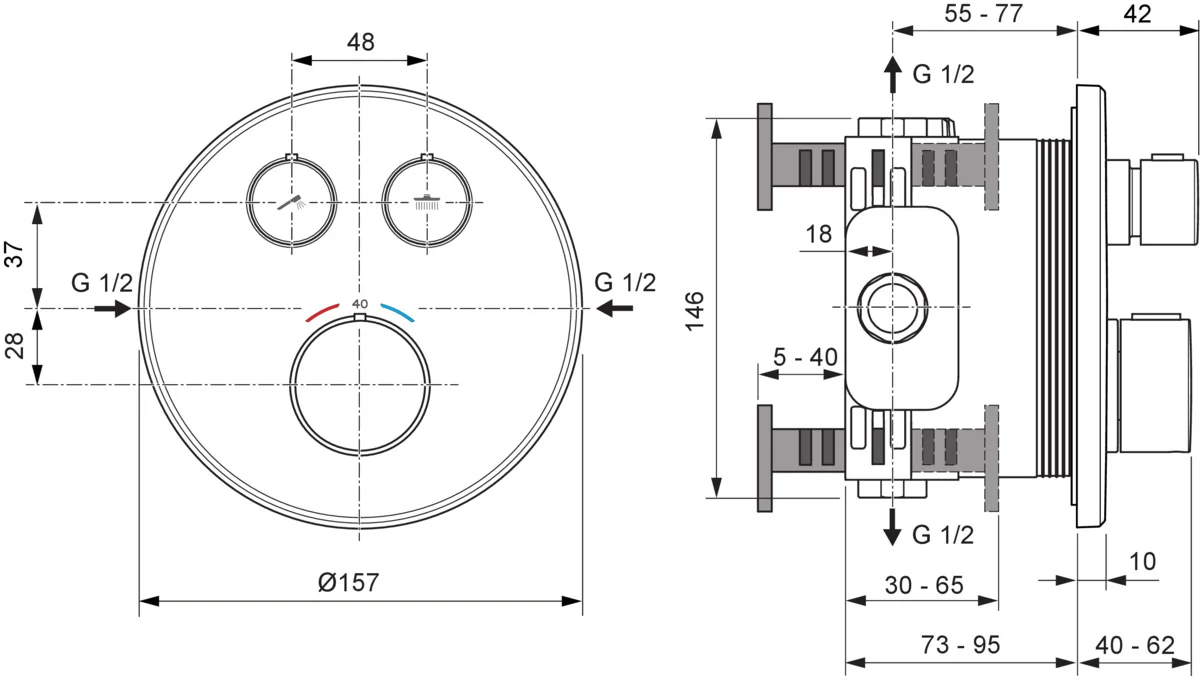 Ideal Standard Ceratherm Navigo Unterputz-Thermostat rund Chrom für Wanne & Dusche, 2 Verbraucher