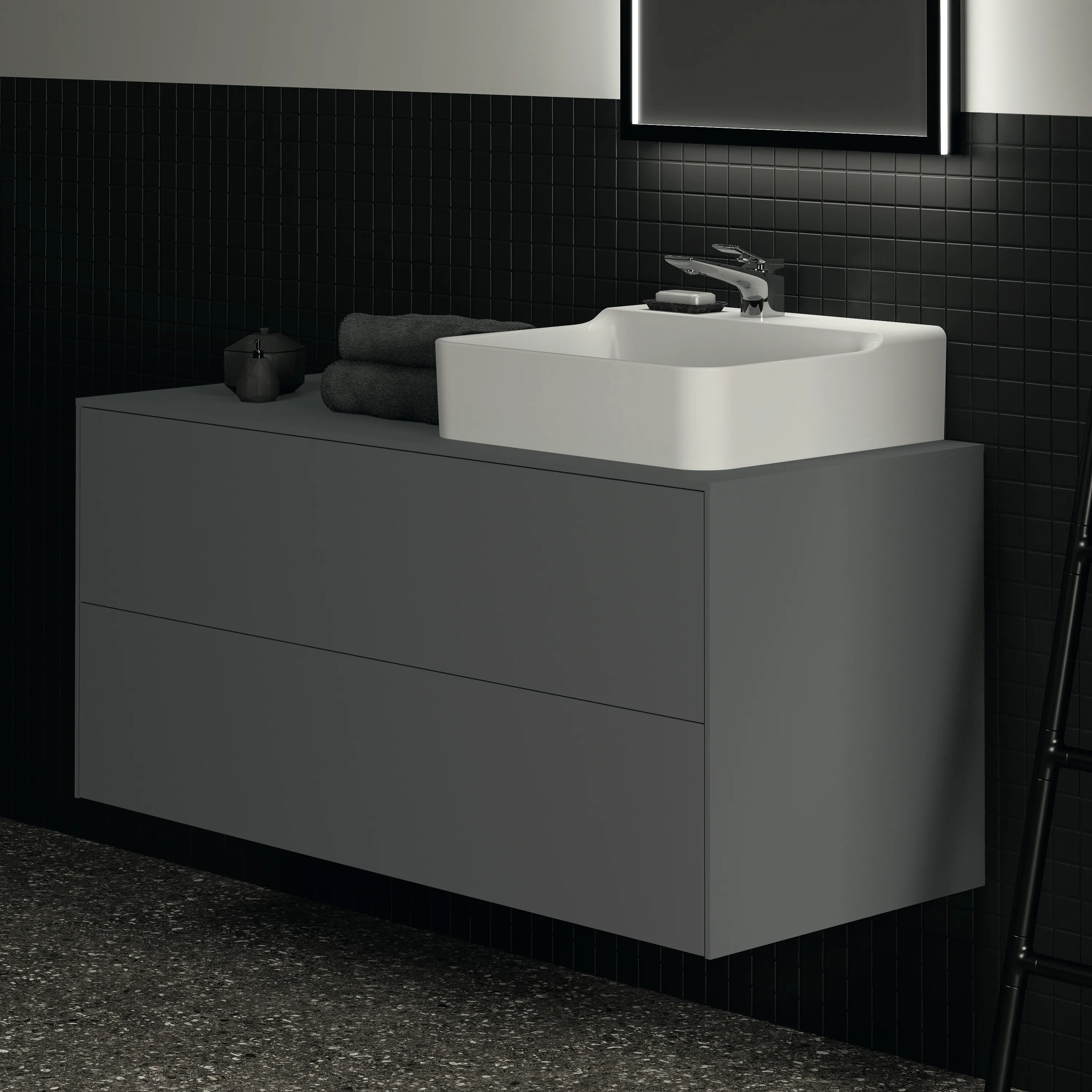 Ideal Standard Waschtischunterschrank Conca, Anthrazit matt, 1.202 x 505 x 550 mm, 2 Auszüge mit Push-Open und Softclose-Einzug, wahlweise Ausschnitt links oder rechts Ideal Standard Waschtischunterschrank Conca, Anthrazit matt, 1.202 x 505 x 550 mm, 2 Auszüge mit Push-Open und Softclose-Einzug, wahlweise Ausschnitt links oder rechts