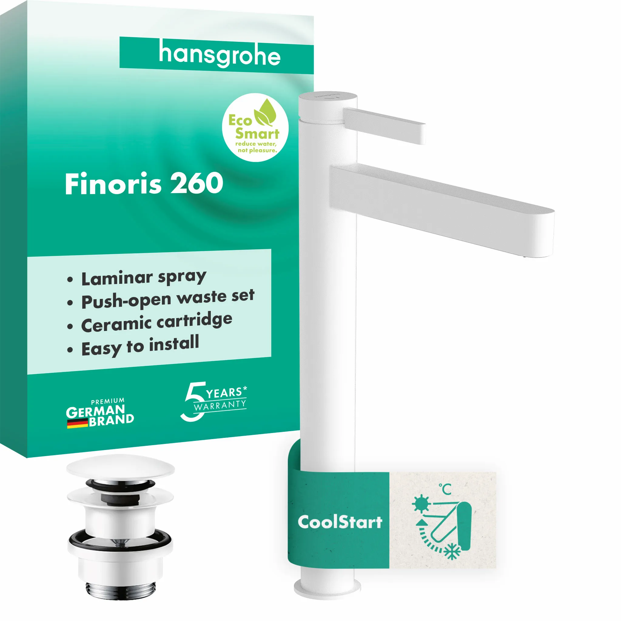 Finoris Einhebel-Waschtischmischer 260 CoolStart für Aufsatzwaschtische mit Push-Open Ablaufgarnitur, Chrom