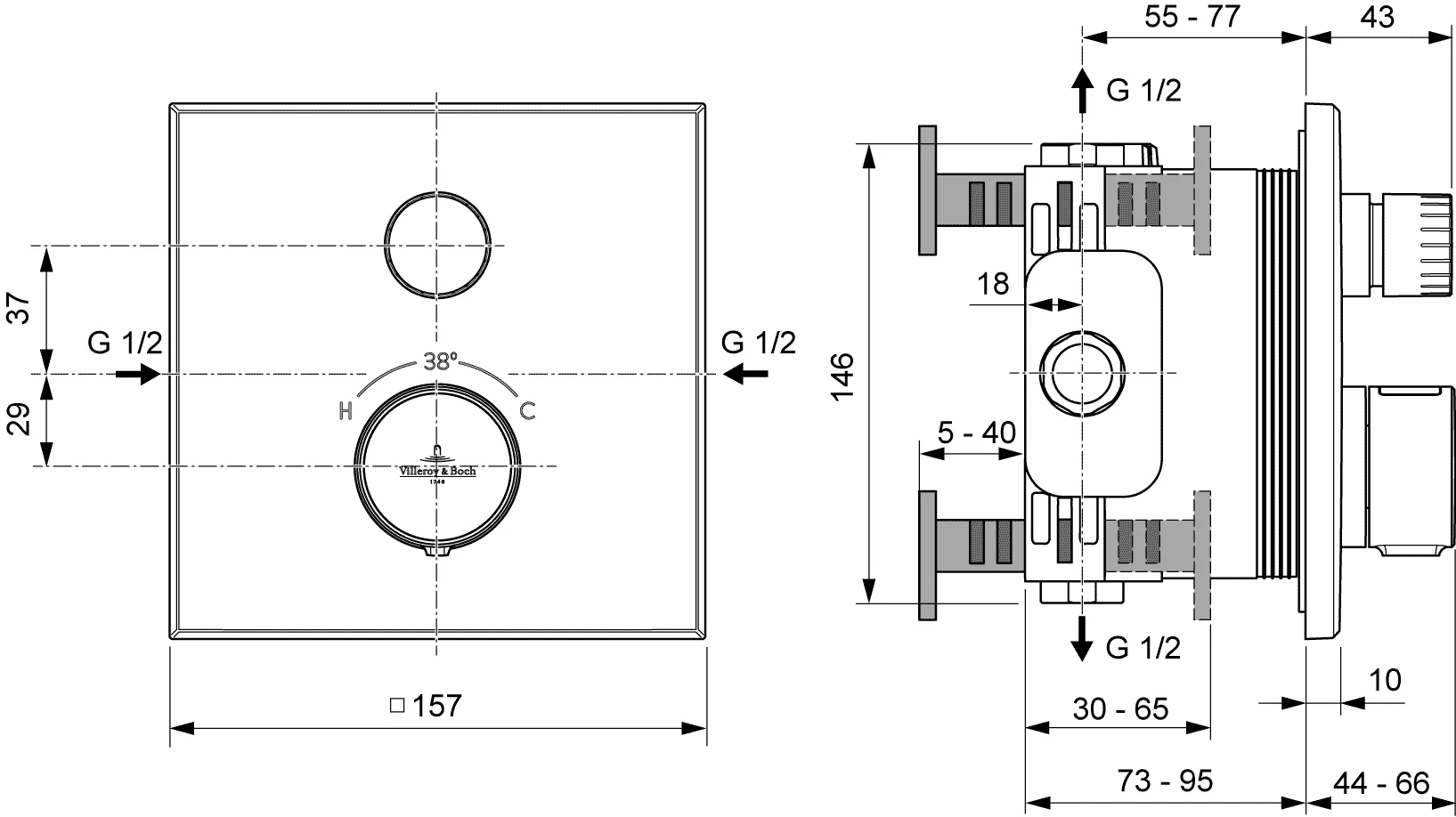 Villeroy & Boch Unterputz-Thermostat Universal Taps & Fittings, eckig, Chrom, 157x66x157 mm, Thermostatfunktion mit Mengenregulierung
