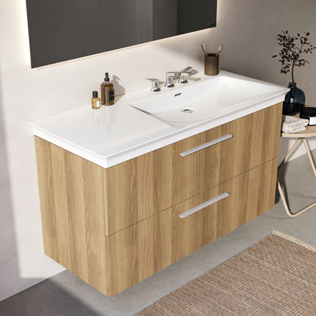 Möbelwaschtischunterschrank i.life B 2 Auszüge Siphonausschnitt auf der rechten Seite 1200x505x630mm Weiß matt