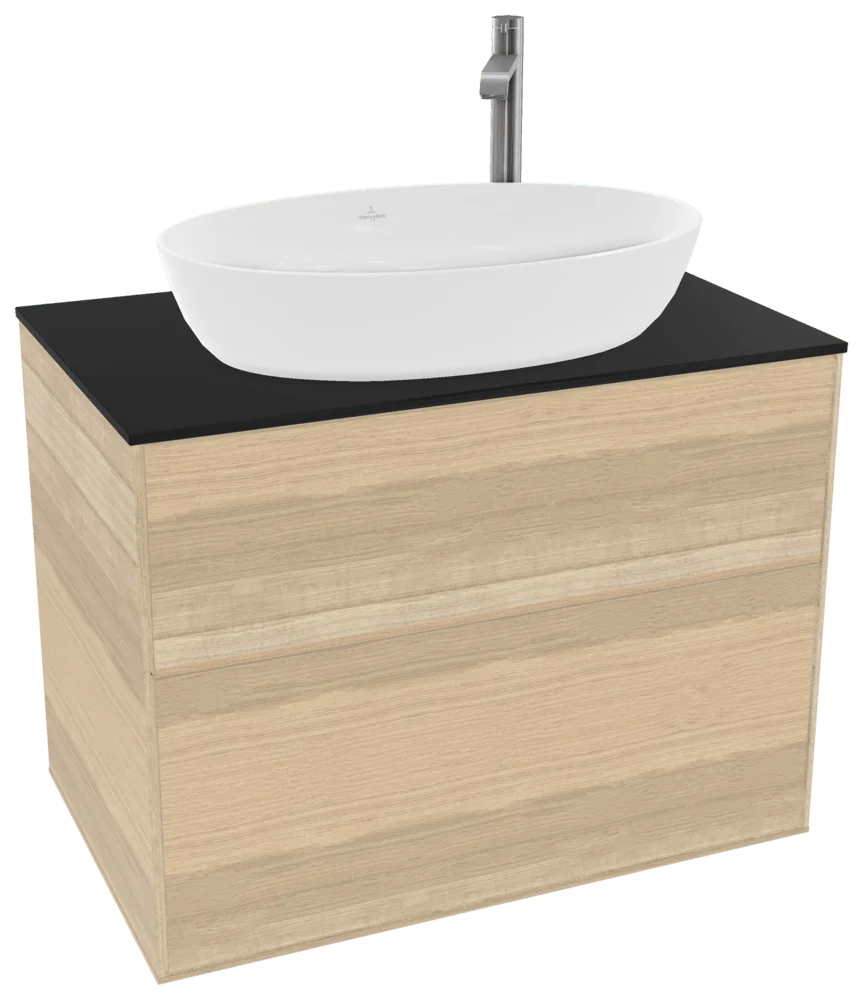 Villeroy & Boch Waschbeckenunterschrank Finion F87, Eckig Oak Veneer mit Glass Black Matt Abdeckplatte, 800x603x501mm, 48kg, Wandmontage, 2 Auszüge mit SoftClosing und Push-to-open Funktion Villeroy & Boch Waschbeckenunterschrank Finion F87, Eckig Oak Veneer mit Glass Black Matt Abdeckplatte, 800x603x501mm, 48kg, Wandmontage, 2 Auszüge mit SoftClosing und Push-to-open Funktion