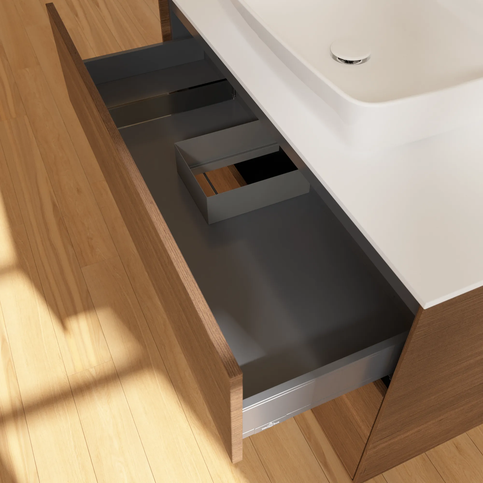 Villeroy & Boch Waschtischunterschrank „Finion“ für Schrankwaschtisch 1000 × 603 × 501 mm Walnut Veneer, für Becken mittig, mit Hahnlochbohrung Villeroy & Boch Waschtischunterschrank „Finion“ für Schrankwaschtisch 1000 × 603 × 501 mm Walnut Veneer, für Becken mittig, mit Hahnlochbohrung