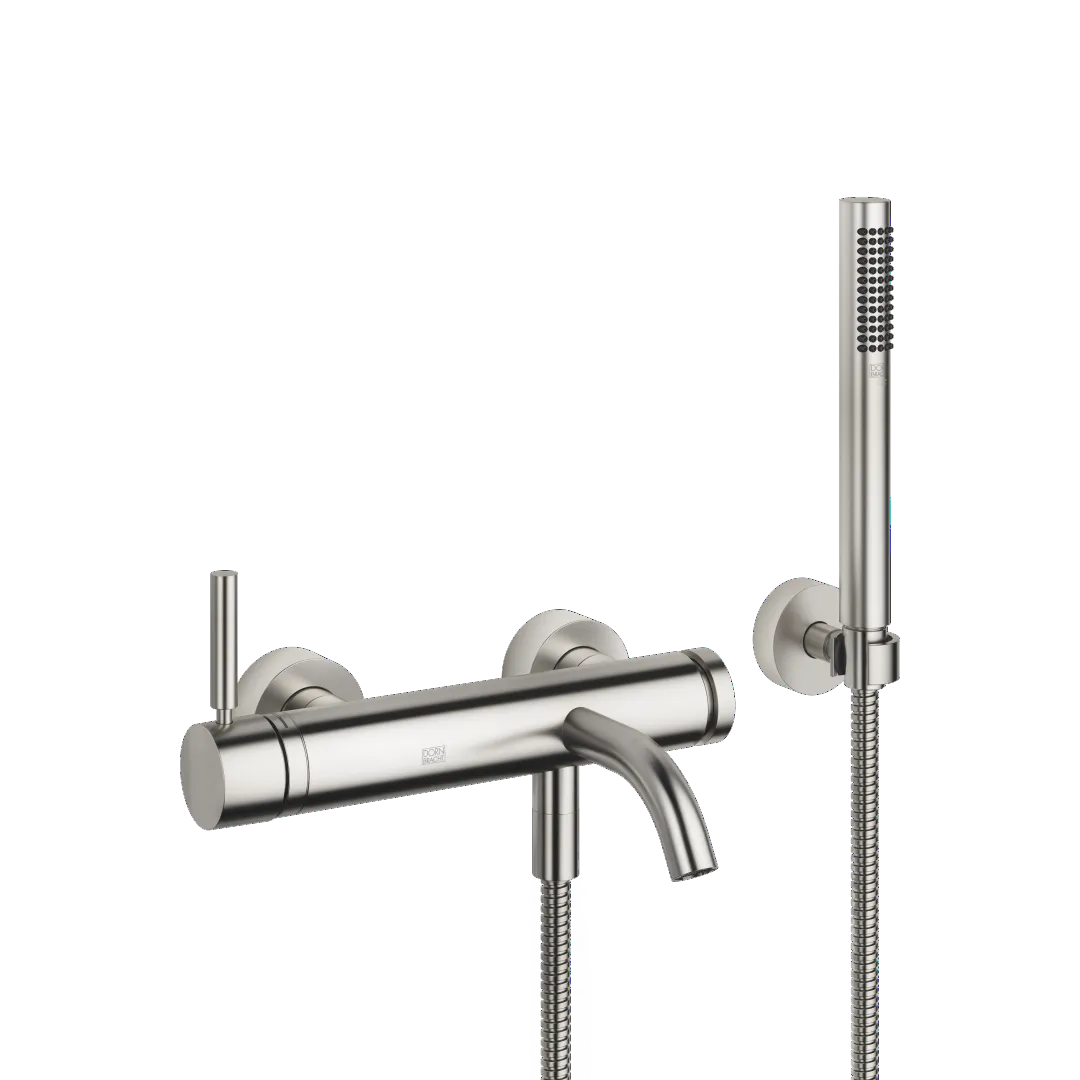 Dornbracht META Wannen-Einhandbatterie Chrom gebürstet, Wandmontage, Auslauf runder luftangereicherter Strahl, max. Durchfluss 14 l/min bei 3 bar, Handbrause COMPACT RAIN, Schlauchbrausegarnitur mit Antikalk-System, automatische Umstellung Wanne/Brause