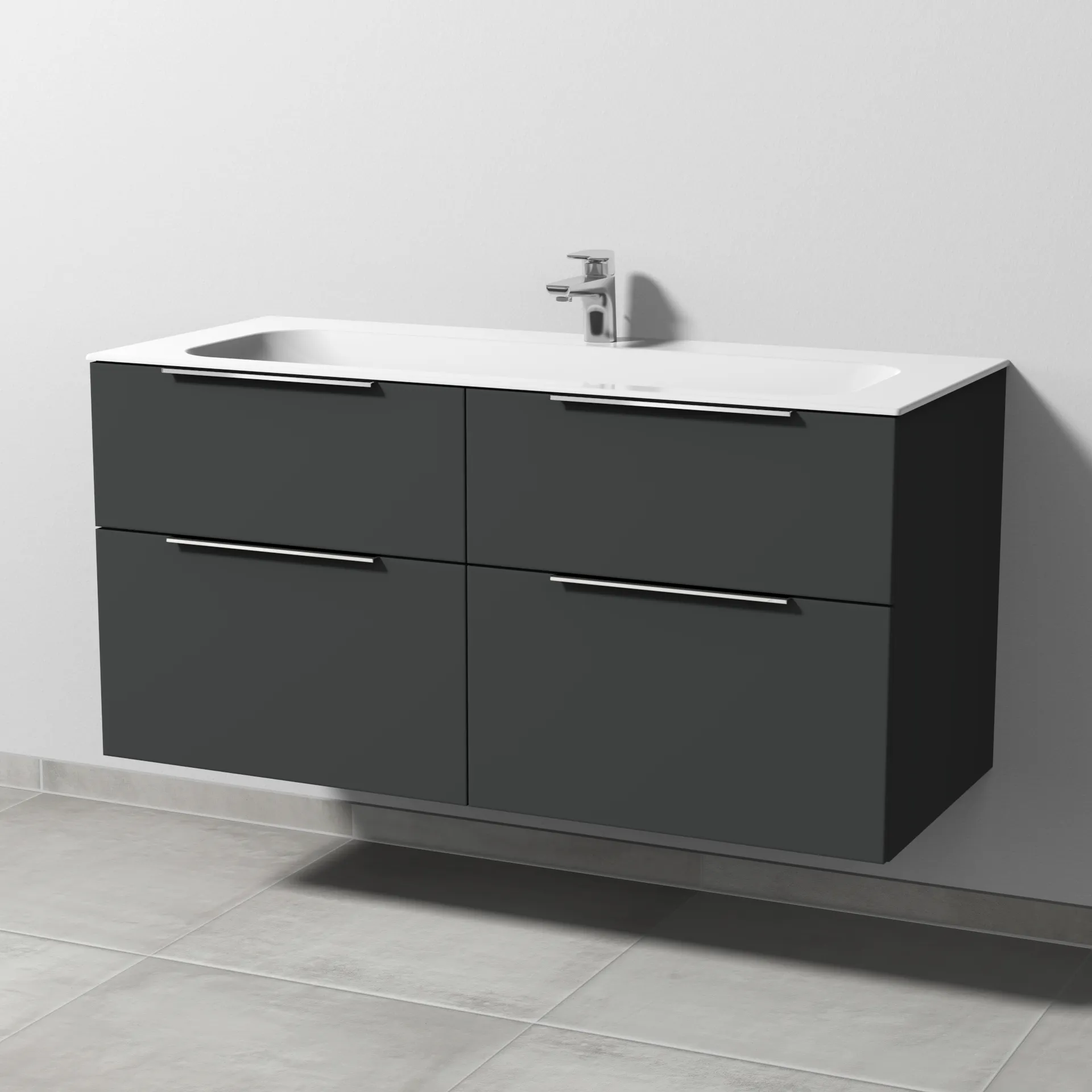 Keramik-Waschtisch-Set mit Waschtischunterschrank „3way“ 119 × 49,7 × 58,2 cm in Graphit (matt), mit Hahnlochbohrung, Becken mittig Keramik-Waschtisch-Set mit Waschtischunterschrank „3way“ 119 × 49,7 × 58,2 cm in Graphit (matt), mit Hahnlochbohrung, Becken mittig
