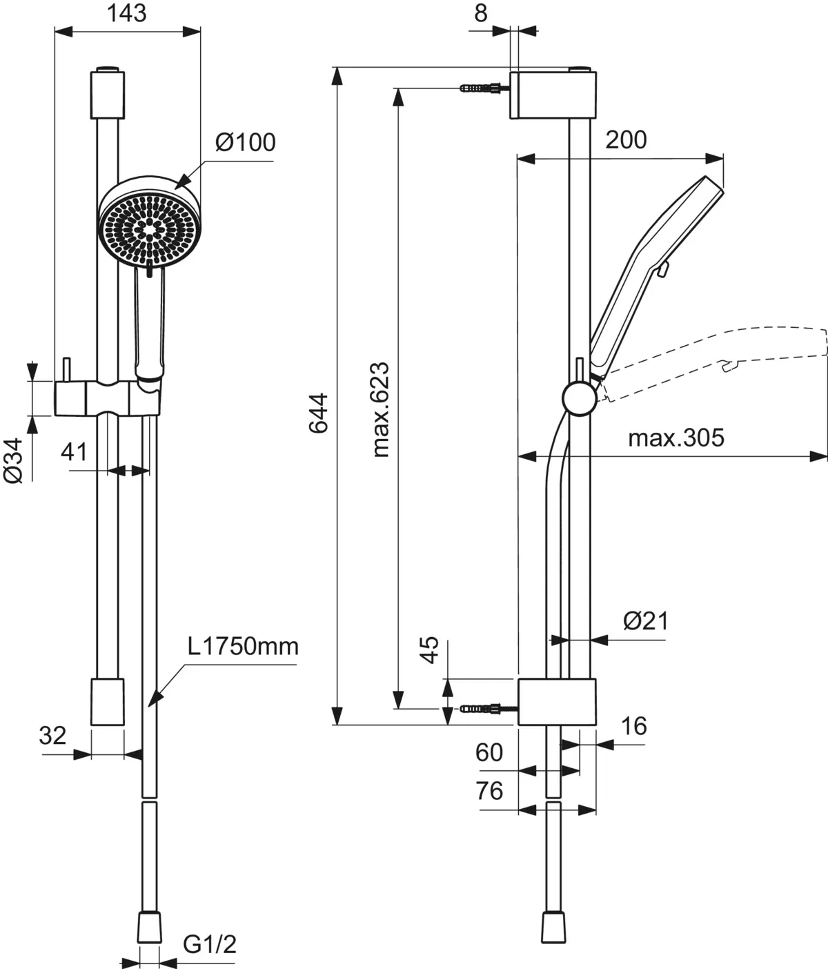 Gleitstangekombination „Idealrain“, Befestigung verdeckt in Silk Black Gleitstangekombination „Idealrain“, Befestigung verdeckt in Silk Black