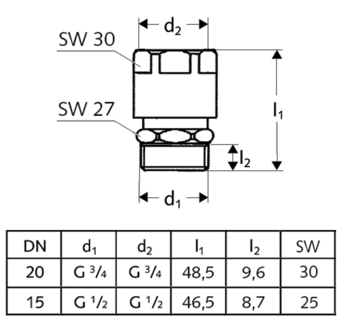 Rohrbelüfter, Durchflussform, Bauform C, Max. Betriebsdruck: 10 bar, DN 20 G 3/4 AG, DN 20 G 3/4 IG, chrom