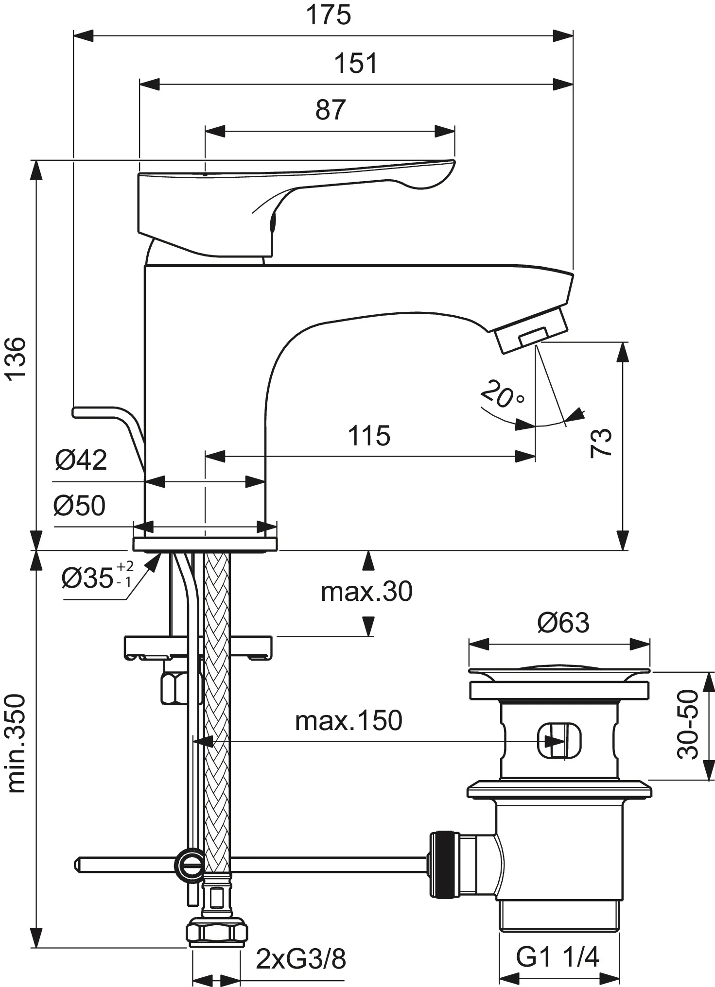 Waschtischarmatur Alpha, mit Ablaufgarnitur, Ausladung 115mm, Chrom Waschtischarmatur Alpha, mit Ablaufgarnitur, Ausladung 115mm, Chrom