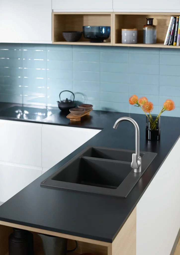 Hansgrohe Einbauspüle S51 Serie, Steingrau, 750 x 490 mm Ausschnitt, 80 cm Unterschrank, Aufbau, 1 Hauptbecken + 1 Zusatzbecken