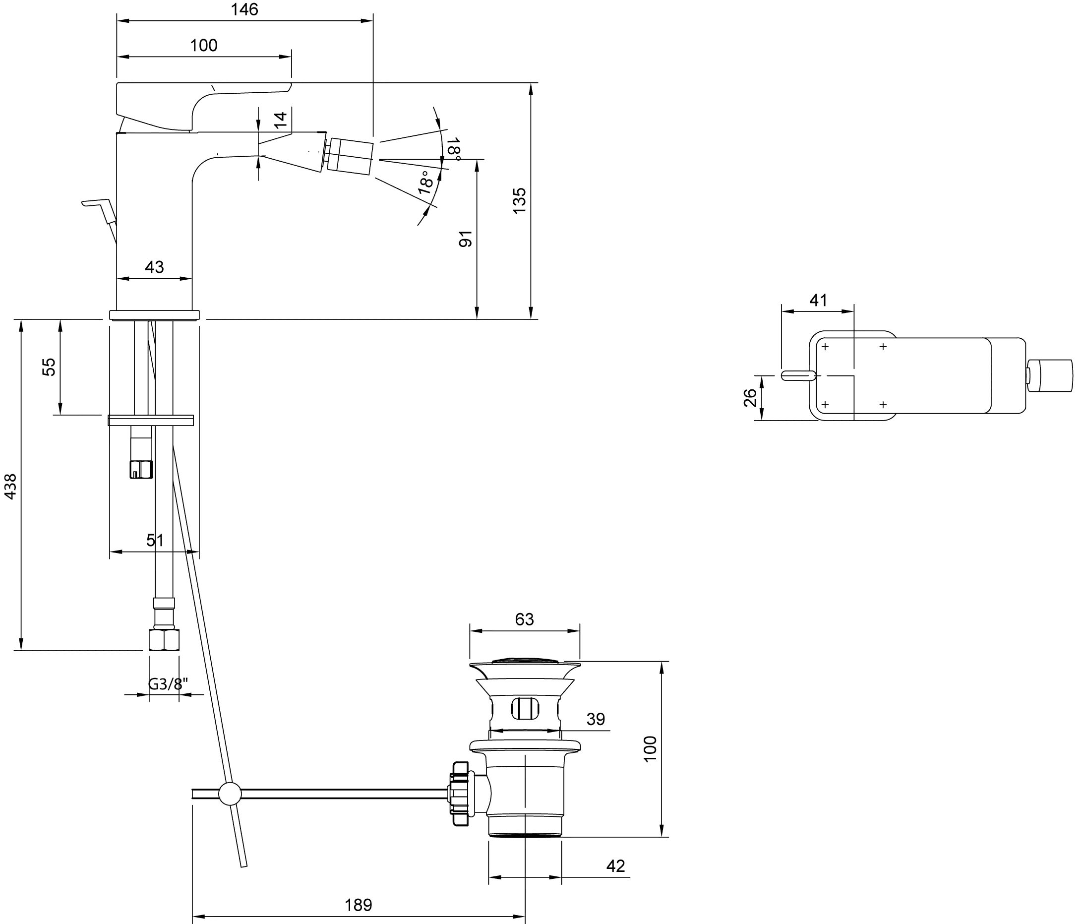 Einhebel-Bidetarmatur Subway 3.0 T112001000, 43 x 135 x 146 mm, Chrom