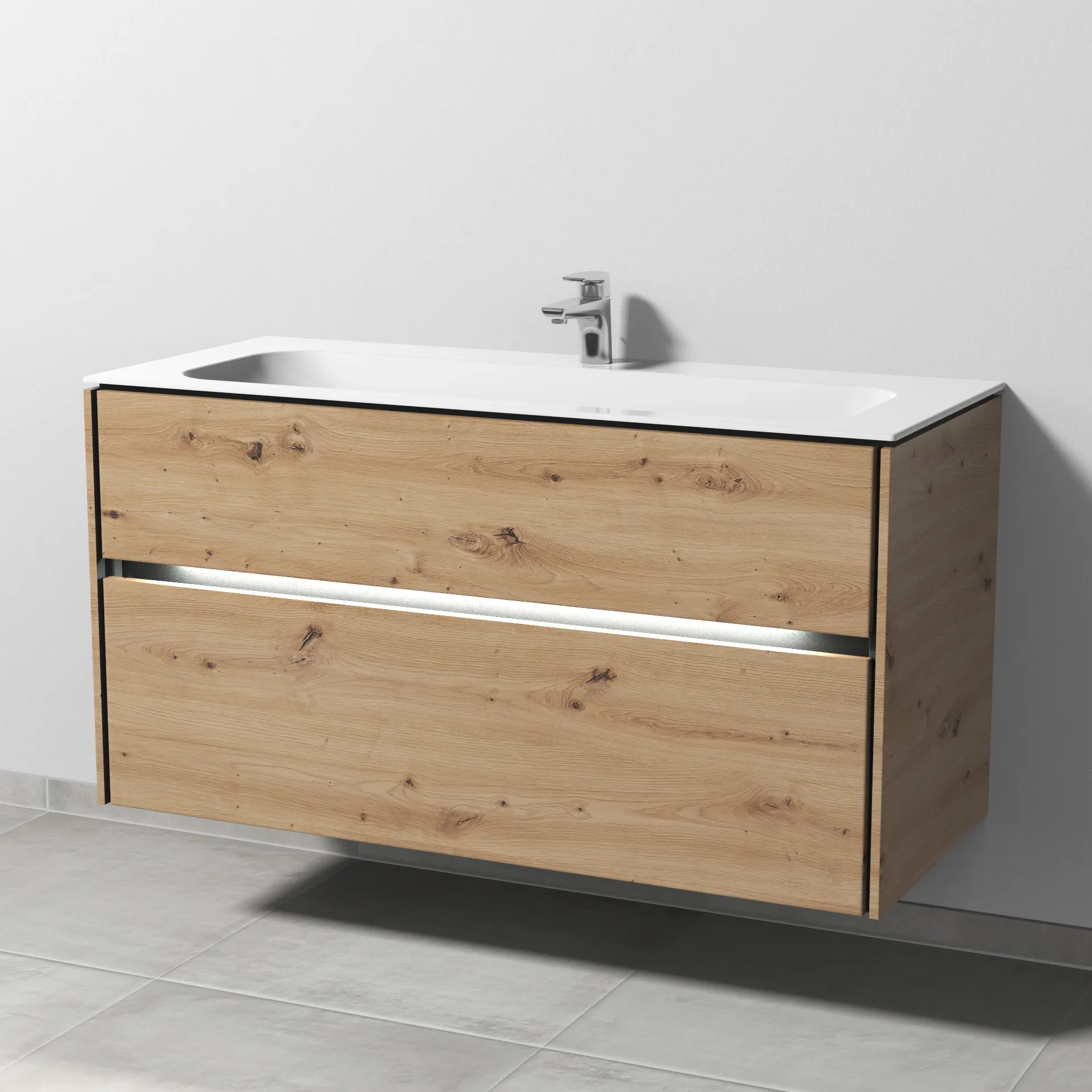 Keramik-Waschtisch-Set mit Waschtischunterschrank „Twiga“ 119 × 50 × 61 cm in Eiche Natural-Touch, mit Hahnlochbohrung, mit Beleuchtung Keramik-Waschtisch-Set mit Waschtischunterschrank „Twiga“ 119 × 50 × 61 cm in Eiche Natural-Touch, mit Hahnlochbohrung, mit Beleuchtung