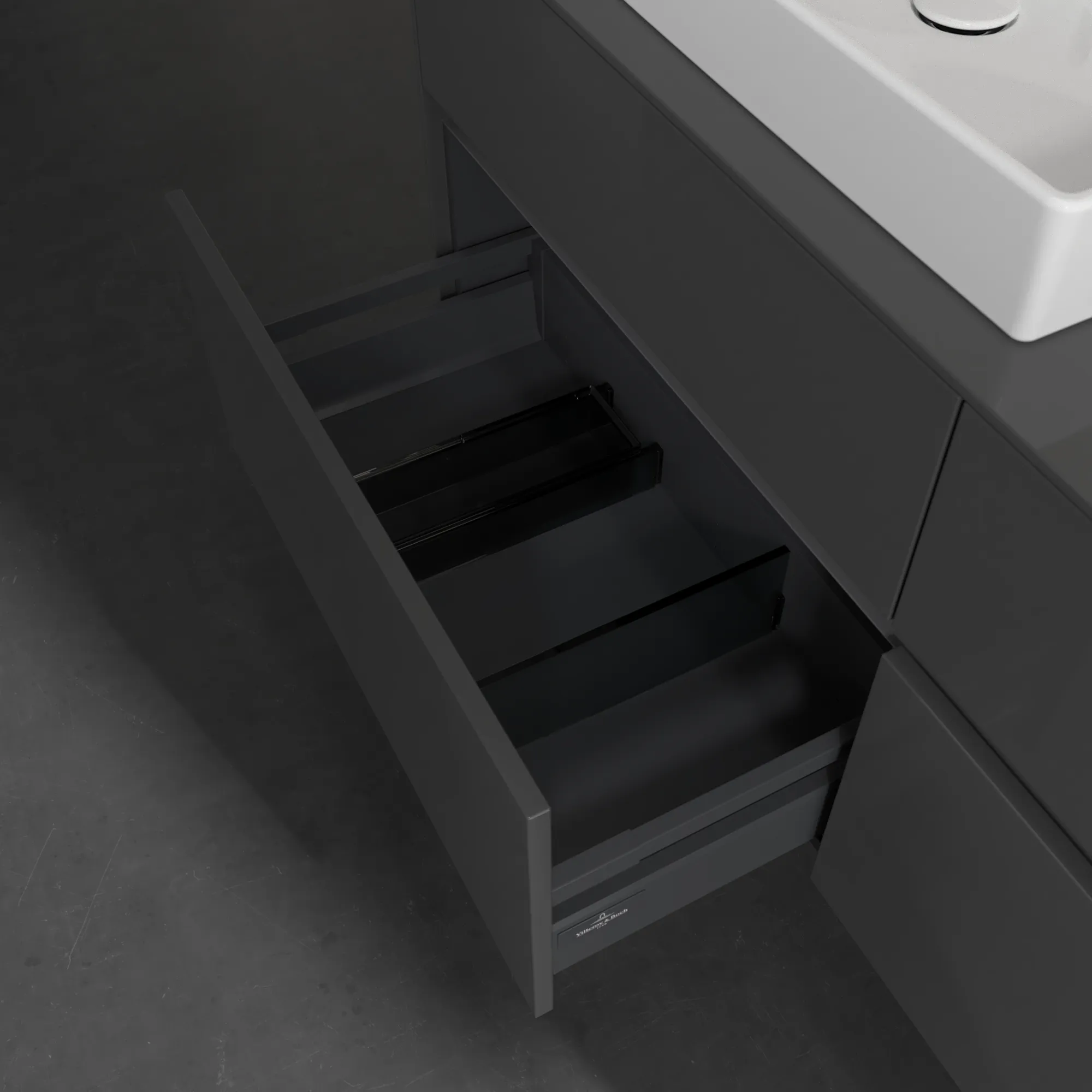Villeroy & Boch Waschtischunterschrank „Collaro“ 1400 × 548 × 500 mm Glossy Grey, mit Beleuchtung, für Becken links