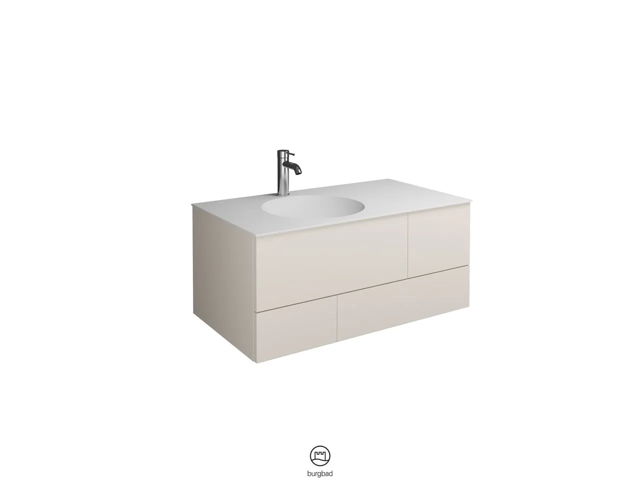 Coco Mineralguss-Waschtisch inkl. Waschtischunterschrank, 90 x 370 mm Muldentiefe, 1 Schublade oben mit Siphonausschnitt, 1 Schublade unten, 1 Metallbox, inkl. burgbad cleanFlow, H: 406 mm, B: 906 mm, T: 505 mm