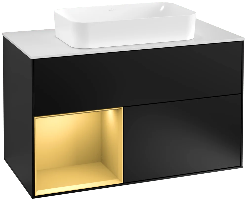 Villeroy & Boch Waschbeckenunterschrank Finion F24, 1000x603x501 mm, Black Matt Lacquer mit Gold Regal, Beleuchtung dimmbar, Push-to-open, SoftClosing Villeroy & Boch Waschbeckenunterschrank Finion F24, 1000x603x501 mm, Black Matt Lacquer mit Gold Regal, Beleuchtung dimmbar, Push-to-open, SoftClosing