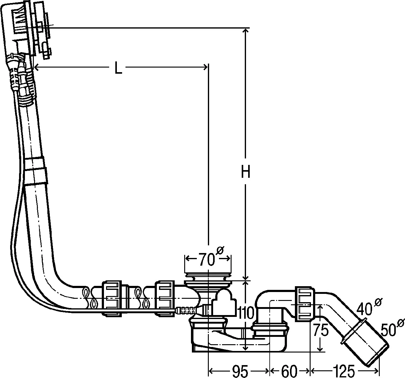 Viega Ab- und Überlaufgarnitur mit Zulauffunktion Modell 6161.72 „Multiplex Trio“ 6161.72 in 1070 mm × DN40 / 50 verchromt 24,6 cm Viega Ab- und Überlaufgarnitur mit Zulauffunktion Modell 6161.72 „Multiplex Trio“ 6161.72 in 1070 mm × DN40 / 50 verchromt 24,6 cm