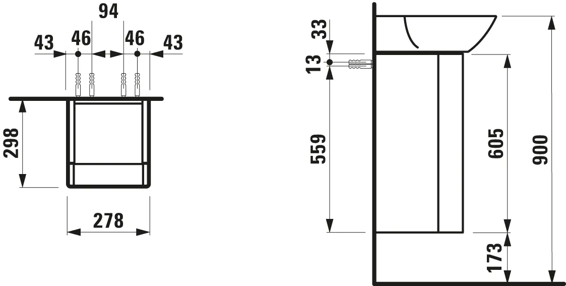 Laufen Waschtischunterbau INO 298x278x605, 1 Tür, Scharnier rechts Laufen Waschtischunterbau INO 298x278x605, 1 Tür, Scharnier rechts